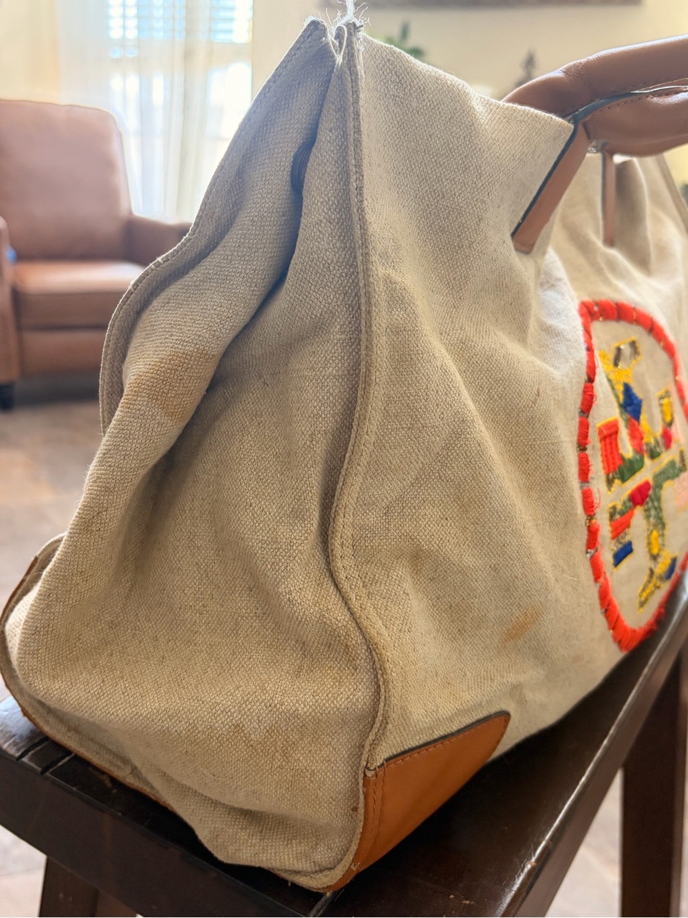 Tory Burch Beige Canvas Tote with Brown Leather Trim and Embroidered Medallion - Picture 3 of 15